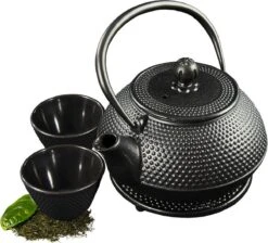 SakuraTea - Theepot Set - 4-delig - Gietijzer - Zwart - 0.8L - 2 Kopjes (100ml) -Keukengerei Winkel 1200x1086