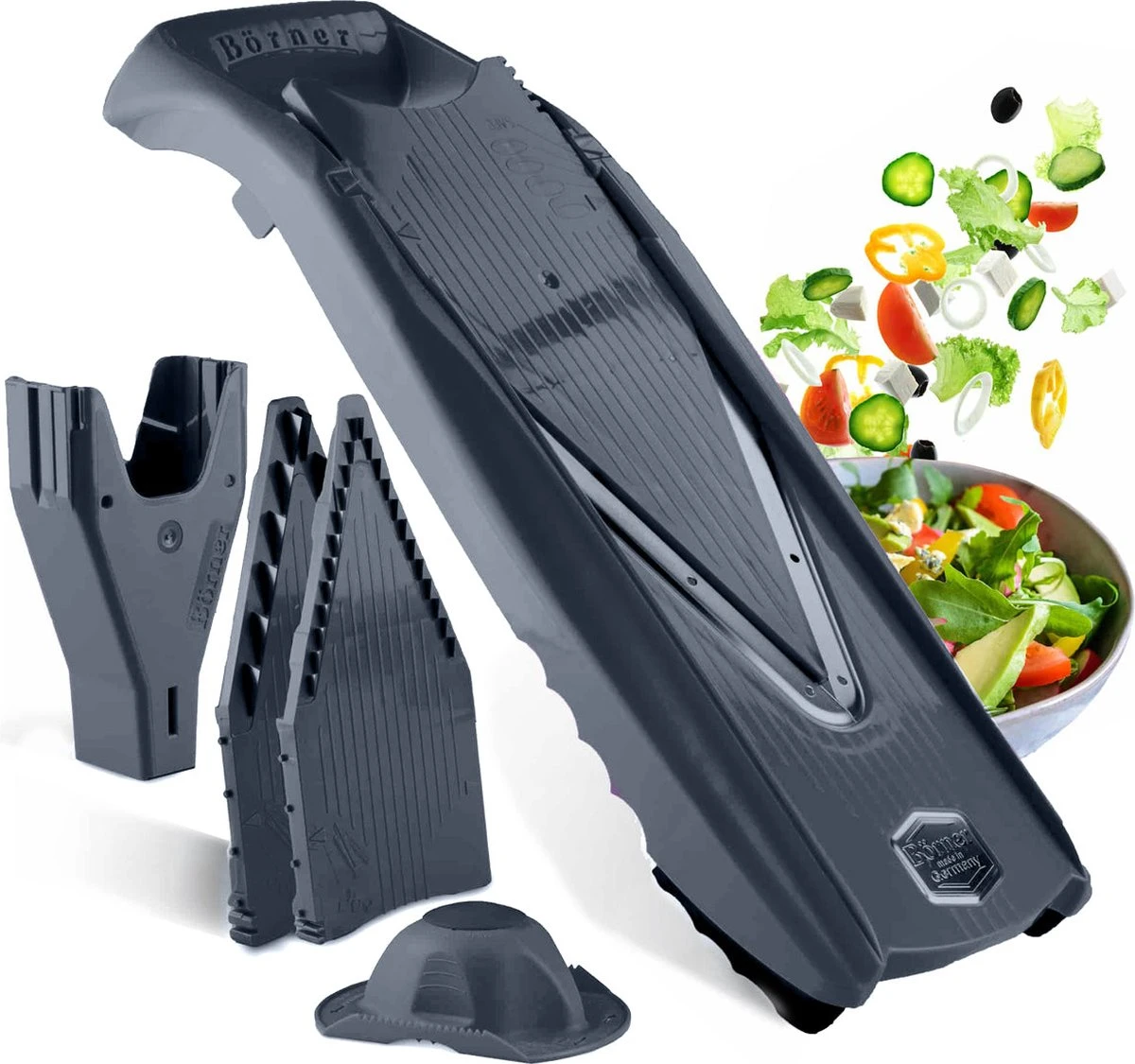 Börner Mandoline V5 PowerLine - Inclusief Opbergbox - Geleverd In Mooie Doos - 6-delige Set - 7 Snijdiktes - Geschikt Als Frietsnijder - BPA-vrij En Roestvrij - Grijs 3 Börner Mandoline V5 PowerLine - Inclusief Opbergbox - Geleverd In Mooie Doos - 6-delige Set - 7 Snijdiktes - Geschikt Als Frietsnijder - BPA-vrij En Roestvrij - Grijs