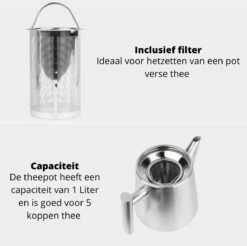 Castagnola Theepot Met Filter – Theekan – Theepot Dubbelwandig – Theepot Roestvrijstaal – Hoogwaardig RVS – 1 Liter – 5 Kopjes Thee – Zilver -Keukengerei Winkel 1200x1195 9