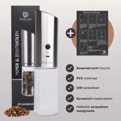 DODANA Premium Peper - & Zoutmolen Elektrisch - 1 Stuk - Pepermolen - Zoutmolen - Oplaadbaar - USB - Elektrische Pepermolen - RVS - Zwaartekracht Functie - LED Lamp - Nl Handleiding - Incl Borsteltje -Keukengerei Winkel 1200x1199 12