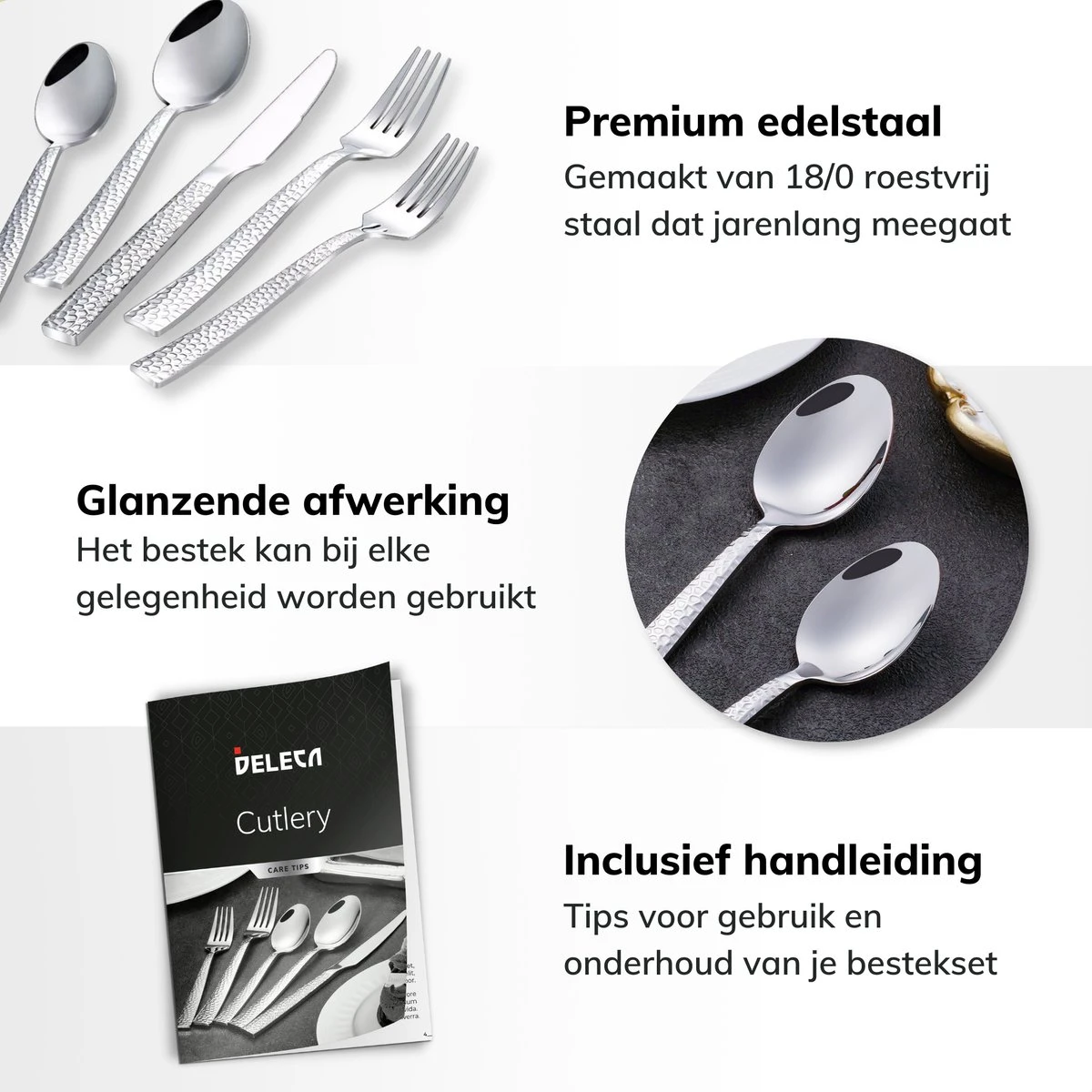 Deleca 6 Persoons Bestekset Deluxe (30-delig) - Vorken, Lepels En Messen - Vaatwasserbestendig - Gehamerd - Zilver / RVS 6 Deleca 6 Persoons Bestekset Deluxe (30-delig) - Vorken, Lepels En Messen - Vaatwasserbestendig - Gehamerd - Zilver / RVS - Afbeelding 4