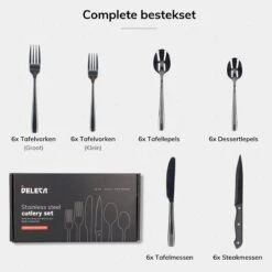 Deleca 6 Persoons Bestekset (36-delig) - Lepels, Messen, Vorken & Steakmessen - Vaatwasserbestendig - Zwart / RVS -Keukengerei Winkel 1200x1200 142