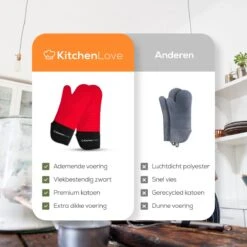 KitchenLove Ovenwanten - 2 Stuks Ovenhandschoenen - Hittebestendig Tot 250 °C - Siliconen - Rood -Keukengerei Winkel 1200x1200 40