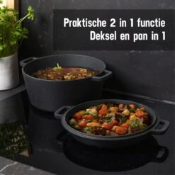 Daumonet Ducasse Gietijzeren Double Use Braadpan - Combi Sudderpan Zwart - 2-in-1 Bak- En Braadpan - PFAS & PFOA Vrij - Rond - Ø 26 Cm - 4,4 Liter - Emaille - Alle Warmtebronnen - Elektrisch - Gas - Halogeen - Inductie - Keramisch -Keukengerei Winkel 1200x1200 727
