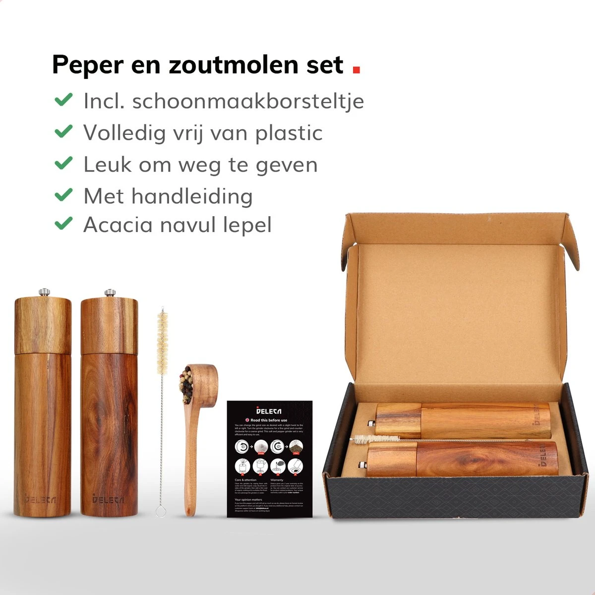 Deleca Luxe Peper En Zoutmolen Set - Zout / Pepermolen - Handmatig - Met Navul Lepel & Geschenkdoos - Acacia Hout - Rond 11 Deleca Luxe Peper En Zoutmolen Set - Zout / Pepermolen - Handmatig - Met Navul Lepel & Geschenkdoos - Acacia Hout - Rond - Afbeelding 9
