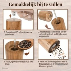 Dieux® - Peper En Zoutmolen Set - Cilinder Vorm - 22CM - Zout Peper Kruiden - 2 Stuks - Acacia Hout - Instelbare Maalgraad - Duurzaam - Luxe Kwaliteit - Hervulbaar - Pepermolen - Zoutmolen - BBQ Accesoires - Pasen -Keukengerei Winkel 1200x1200 831