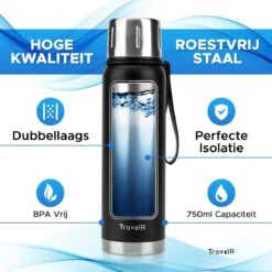 TravelR Thermosfles - Thermoskan - Drinkfles - Isoleerfles - BPA Vrij - Roestvrij Staal - 750 ML - Mat Zwart -Keukengerei Winkel 1200x1200 846